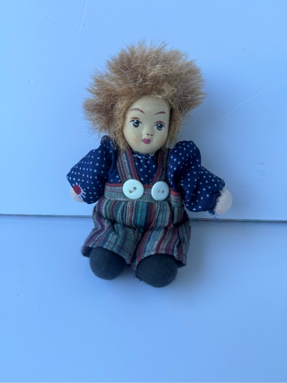 Vintage 1980s Porcelain Face Clown Child Doll Overalls Fabric Body Polka Dots 5”